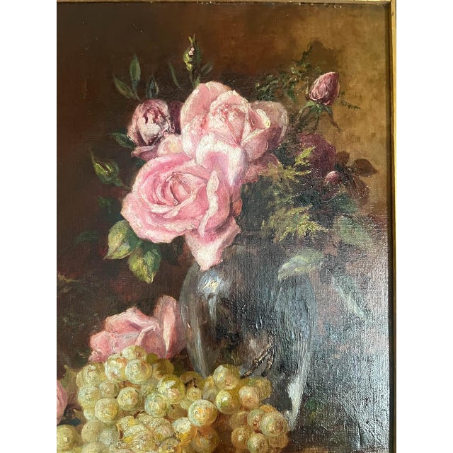 The School of Paris Antique French Floral Pink Roses Oil Still Life Painting For Sale - Image 3 of 8