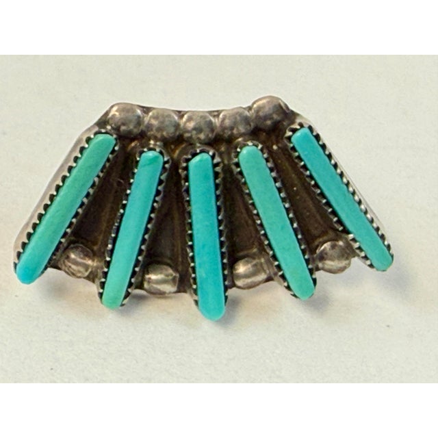 Tribal Zuni Turquoise Needlepoint Sterling Silver Pierced Fan Earrings Native American For Sale - Image 3 of 7
