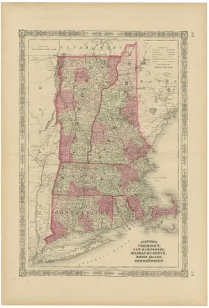 Civil War Era Map of Vermont, New Hampshire and Southern New England, 1864