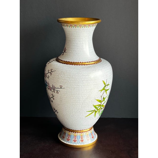 Large Vintage Chinese Cloisonné Vase - White With Flowers and Blue Birds For Sale In Washington DC - Image 6 of 12