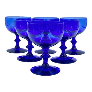Vintage Mid-Century Cobalt Blue Cordial Champagne Cocktail Coupe Glasses- Set of 6 For Sale