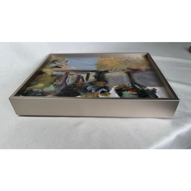 Vintage Post Impressionist Modern Landscape Still Life Original Oil Framed Painting, Pistachio Green, Purple, Blue For Sale - Image 10 of 11