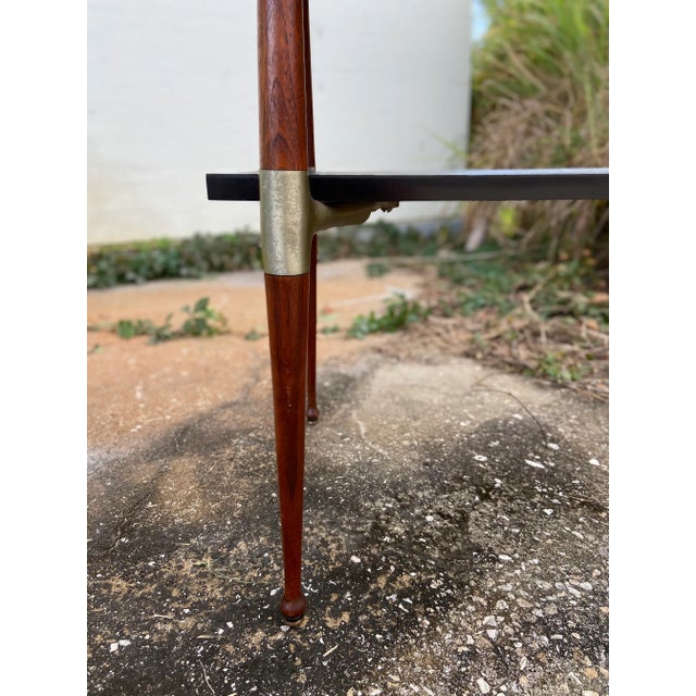 Mid Century Modern Slate + Wood Side Table | Glass Top Cover + Brass Hardware For Sale In Tampa - Image 6 of 12