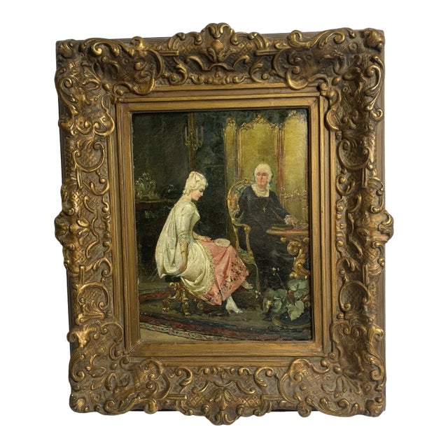 Signed Antique French Interior Oil Painting For Sale