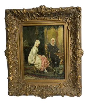 Signed Antique French Interior Oil Painting