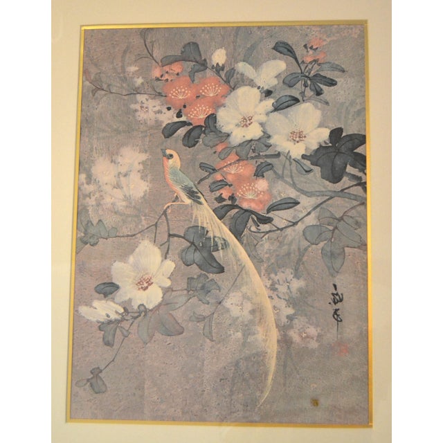 Early 20th Century Signed 2 Matching Framed Asian Paintings Chinoiserie Hand Painted Bird Scene Gilt Faux Bamboo For Sale In Miami - Image 6 of 17