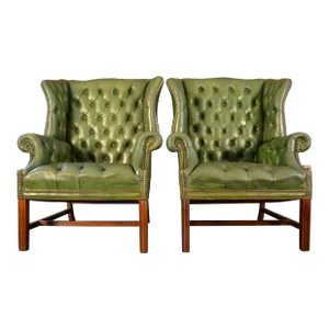 Early 20th Century Pair of English Georgian Cigar Leather Wingback Library Chairs