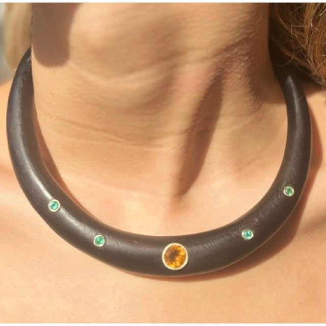 Wood Collar Necklace Wood, Citrine, Zambian Emerald & 14k Gold Wood color with center round 10mm citrine and four...
