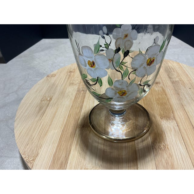 Mid-Century Modern Mid 20th Century Hand-Painted Floral Glass Covered Candy Jar With Gold Trim For Sale - Image 3 of 5