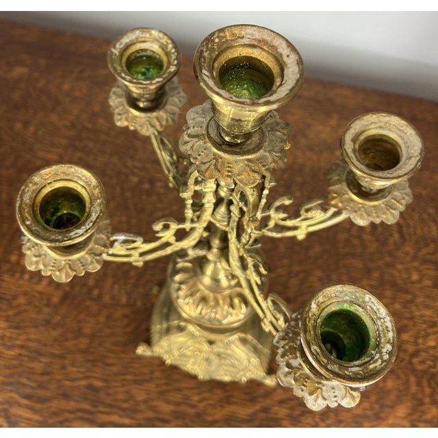 Vintage French Clock in Brass and Candelabra Set, Set of 3 For Sale - Image 16 of 18