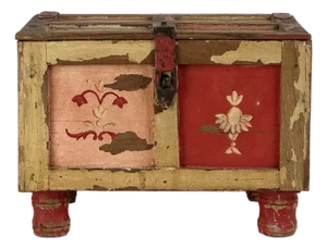 Antique Primitive Folk Art Distressed Keepsake Box in Circus Like Color Motif & Floral Painting