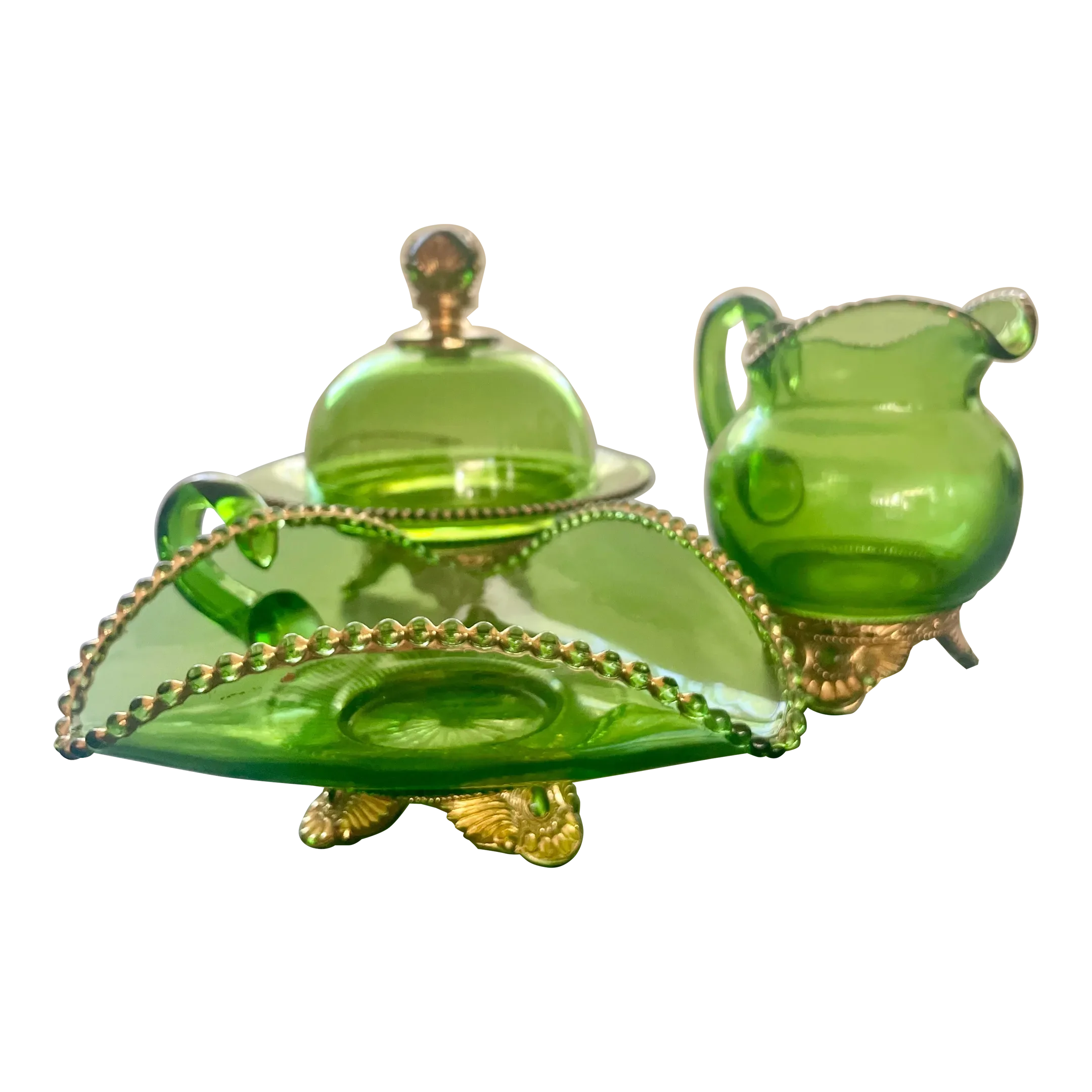 Early 1900s Colorado Green Glass and Jeweled Medallion Table Set- 4 Pieces  | Chairish