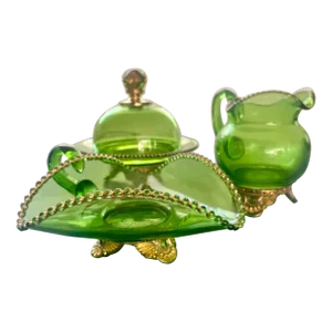 Early 1900s Colorado Green Glass and Jeweled Medallion Table Set- 4 Pieces