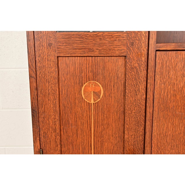 Stickley Harvey Ellis Collection Arts & Crafts Inlaid Oak and Leaded Glass Bookcase With Drop Front Secretary Desk For Sale - Image 12 of 18