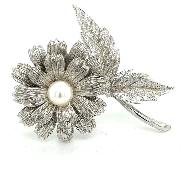 1990s Mikimoto Estate Akoya Flower Pearl Brooch Pin Sterling Silver 6.16 mm For Sale - Image 10 of 11