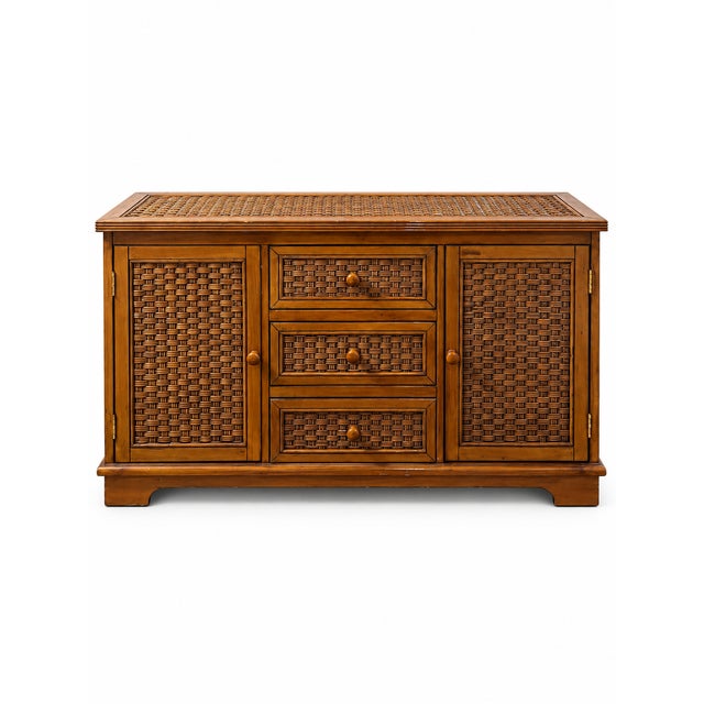 1980s Vintage Woven Rattan and Wood Credenza Sideboard For Sale - Image 11 of 11