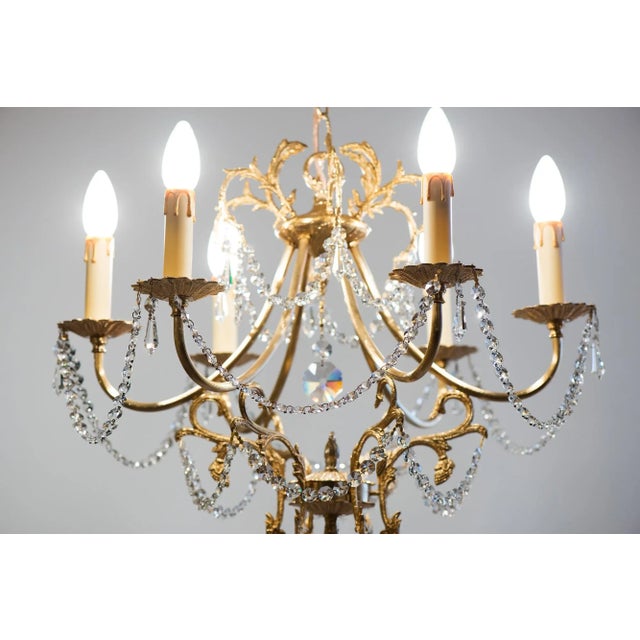 1970s Spanish Hollywood Regency Brass 6-Light Chandelier With Crystals For Sale - Image 10 of 13