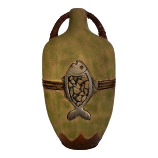 Mid Century Modern Terracotta W/Wrapped Rattan Rustic Mediterranean Handles Vase For Sale