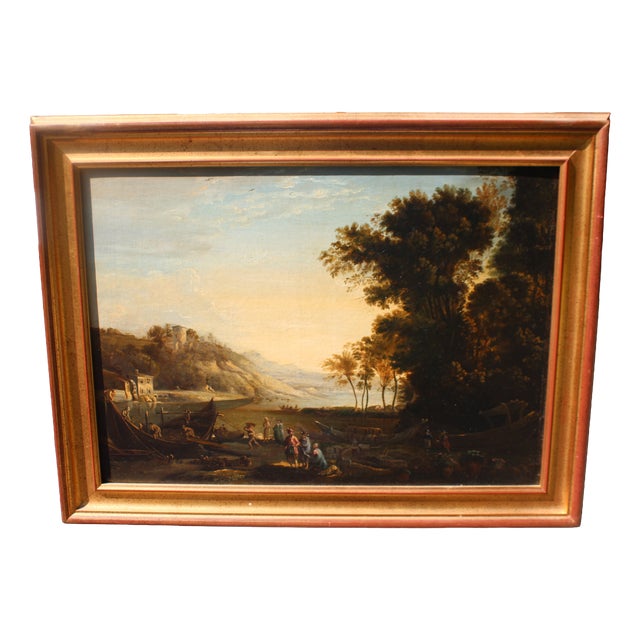 Follower of Claude Lorrain, Merchants on the River Po, 1800s, Oil Painting on Canvas, Framed For Sale