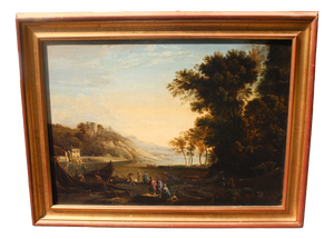 Follower of Claude Lorrain, Merchants on the River Po, 1800s, Oil Painting on Canvas, Framed