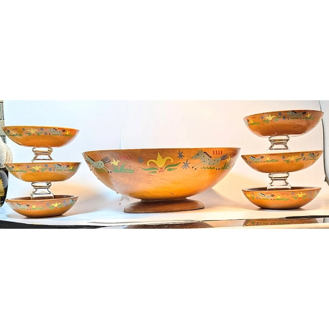 Rustic Hand Lathed Folk Art Salad Set- Set of Seven For Sale - Image 3 of 12