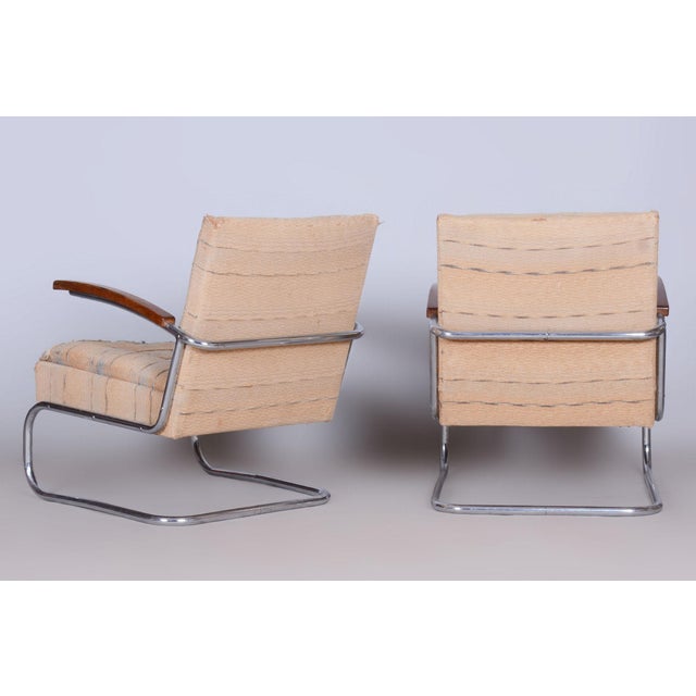 Czech Bauhaus Armchairs and Stool in Beech and Chrome in Steel, 1920s, Set of 3 For Sale - Image 4 of 12