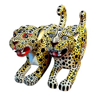 Oaxican Hand Carved and Painted Wooden Non Identical Leopards Figures - a Pair For Sale
