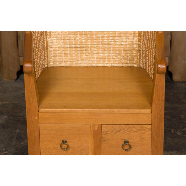 Brown Orkney Island Scottish Oak Wingback Chair with Two Drawers, Vintage For Sale - Image 8 of 12