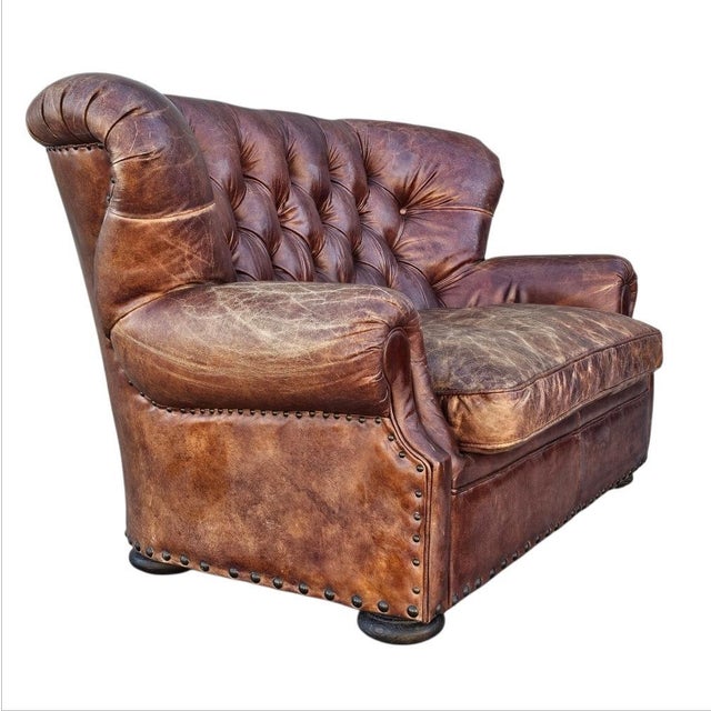 Contemporary 5 Foot Restoration Hardware Churchill Tufted Leather Sofa Loveseat For Sale - Image 3 of 18