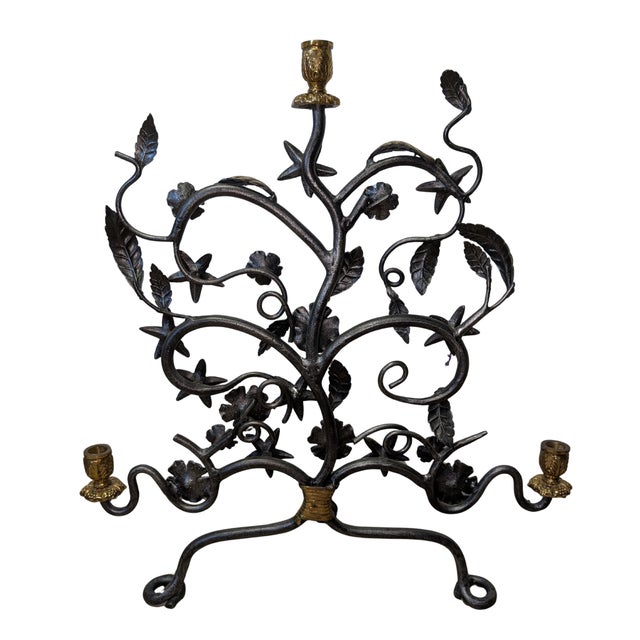 Mid-20th Century Hand-Forged Wrought Iron Candelabra With Applied Cast Brass Botanical Details For Sale - Image 11 of 11