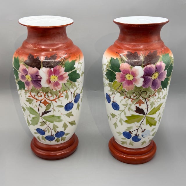 Glass Large Antique Hand-Painted Bohemian Opaline Glass Vases, 1800s, Set of 2 For Sale - Image 7 of 18