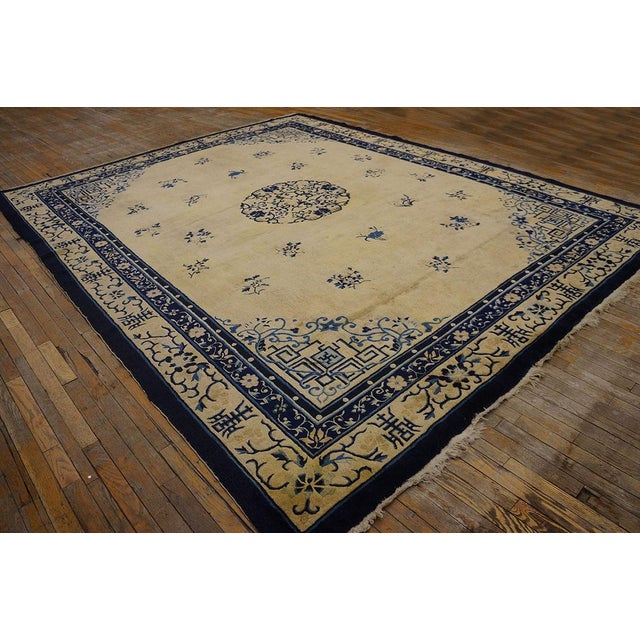 1920s Beige Cream Polka Dot Medallion Antique Chinese Peking Knotted Wool Rug For Sale - Image 4 of 10
