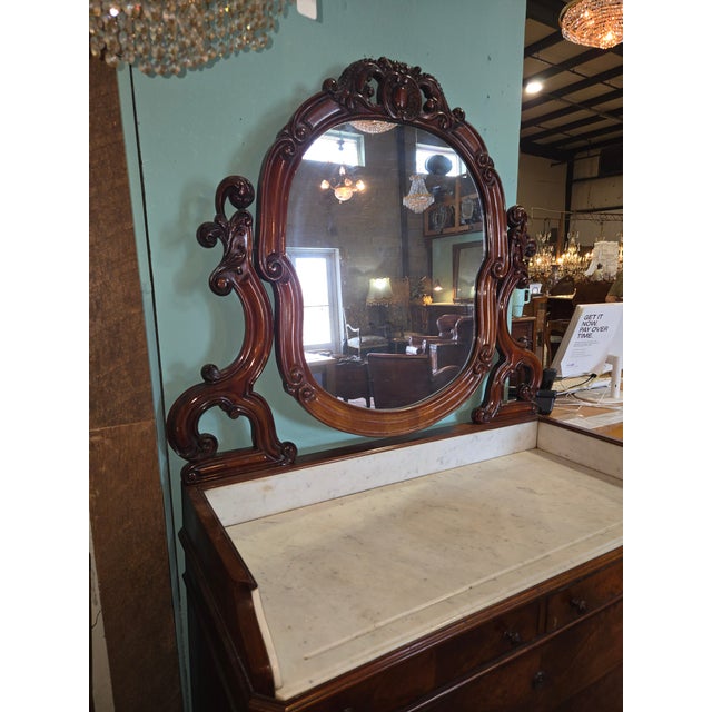 Victorian Antique Late 19th Century Victorian Dresser Featuring a Carved Mirror and Original Marble Top. For Sale - Image 3 of 14