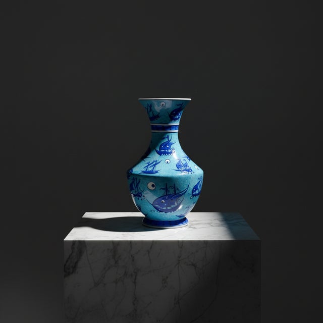 Turquoise Handmade Ceramic Vase (30cm) – Ottoman Galleon Ships & Evil Eye Pattern – Nautical Iznik Art For Sale - Image 8 of 8