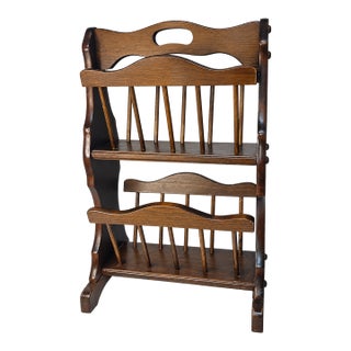 Vintage MCM 2 Tier Floor Magazine Wood Rustic Spindle Rack For Sale