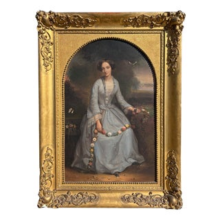 Pierre Dupuis, Portrait of a Young Girl with Flowers, 19th Century, Oil Painting on Canvas, Framed For Sale