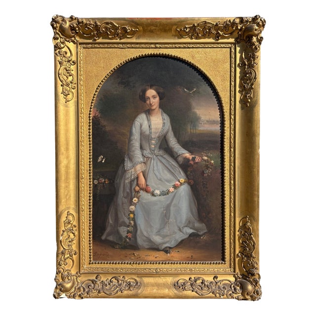 Pierre Dupuis, Portrait of a Young Girl with Flowers, 19th Century, Oil Painting on Canvas, Framed For Sale