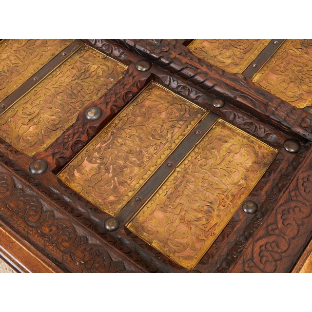 Copper Late 20th Century East Asian Wood Door Coffee Table With Brass-Copper Inlay & Wood Base For Sale - Image 8 of 8