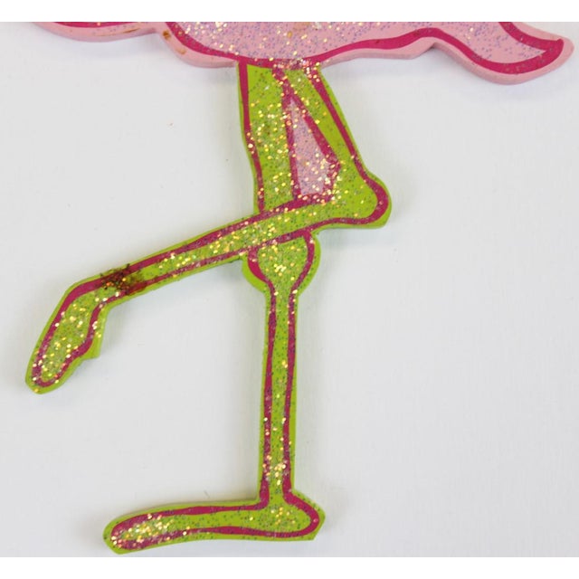 Pop Art Wood Pink Flamingo Sparkles Ornament For Sale - Image 3 of 4