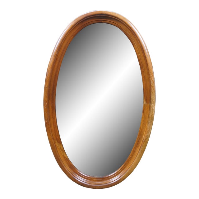 Late 20th Century Queen Anne Beveled Oval Cherry Bathroom Wall Vanity Mirror For Sale
