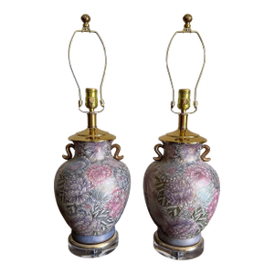 Vintage Frederick Cooper Floral Urn Style Lamps W/ Lucite Bases - A Pair