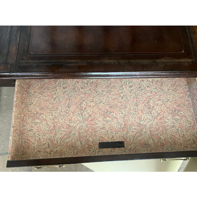 1980s Maitland-Smith Embossed Leather Wrapped Partners Desk W/ Brass Hardware For Sale - Image 5 of 18