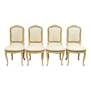 Mid 20th Century Vintage French Louis XV Style Distressed White Washed Dining Side Chair - Set of 4 For Sale