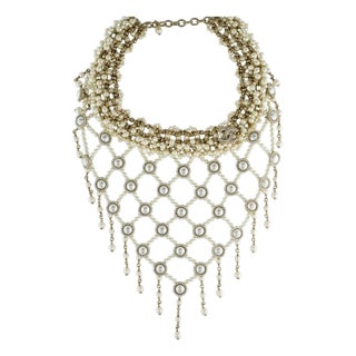 2016 Chanel Necklace CC Double C Logo Bib Statement Paris À Rome Runway Faux Pearl Crystal For Sale