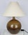 Large stoneware ball lamp by Alain Magne, 1960-70. Ochre to brown enamel. New wiring. Canvas lampshade. Signed "Magne" on...