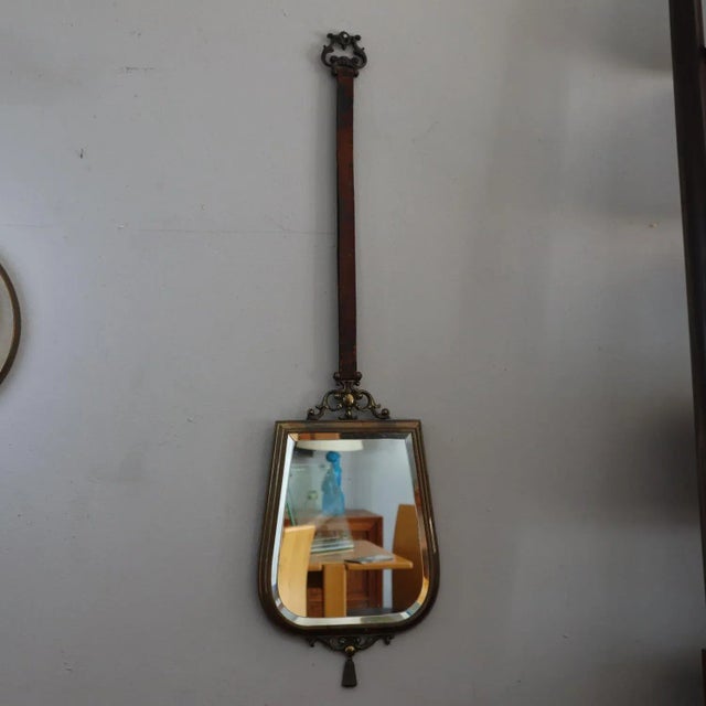 Beige Vintage Italian Brass Mirror with Leather Rope, 1950s For Sale - Image 8 of 8