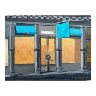 "Put a Ring on It" Contemporary Cityscape Painting in Aqua, Gray and Gold by Mill Valley Artist Mary Anne McKernie For Sale