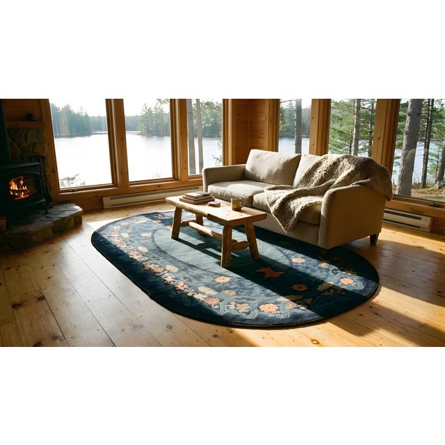 Ink Blue 1920s Blue Floral Oval Antique Chinese Peking Carpet 4' X 6'8" Handknotted Wool Rug For Sale - Image 8 of 9