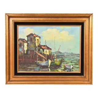 Original Artist Signed Village Harbor Oil on Canvas Painting With Carved Giltwood Frame For Sale