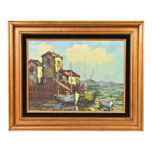 Original Artist Signed Village Harbor Oil on Canvas Painting With Carved Giltwood Frame
